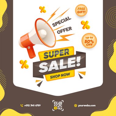 Promosyon metni ve 3d tarzı illüstrasyonlu 3D Vector Super Sale afişi. Web, site, pankart, poster vs. için soyut satış tasarımı.