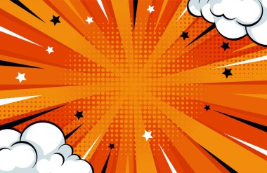 Pop Art çizgi romanının arka planı kırmızı ve bulutlu. Eps 10 Vektör İllüstrasyonu
