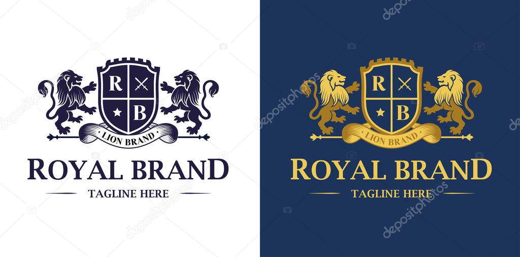 Luxury Lion crest heraldry logo. Elegant gold heraldic shield icon. Premium brand identity emblem. Royal coat of arms company label symbol. Modern vector illustration.