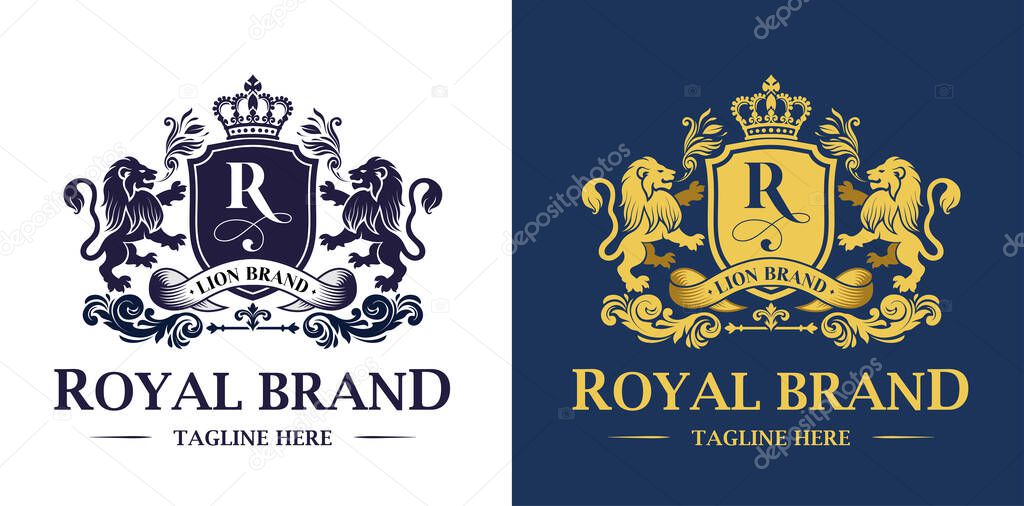 Luxury Lion crest heraldry logo. Elegant heraldic shield icon. Premium brand identity emblem. Royal coat of arms company label symbol. Modern vector illustration.
