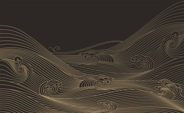 Geleneksel Japon tarzı vektörlerde el çizimi dalga çizgileri. Altın ve siyah dalgalı ve çizgi vektör arkaplanlı soyut ve pürüzsüz desen