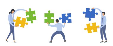 İş adamları, düz vektör illüstrasyonunda işbirliği, ortaklık ve takım çalışmasının sembolü olan iş konseptini göstermek için bulmaca parçalarını birleştiriyorlar..