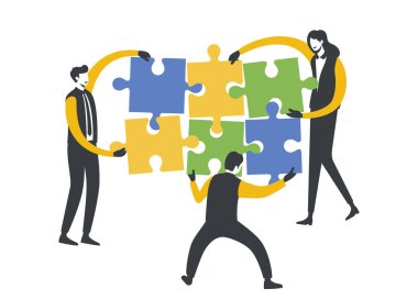 İş adamları bulmaca elementlerini birbirine bağlar. Vektör illüstrasyon düz tasarım tarzı. Takım çalışması, işbirliği, ortaklık sembolü.