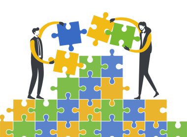 İş adamları bulmaca elemanlarını birbirine bağlıyor. Takım çalışması, işbirliği, ortaklık sembolü. Düz tasarımda vektör illüstrasyonu.