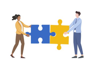 Vektör illüstrasyon düz tasarım tarzında bulmaca elemanlarını birbirine bağlayan iş adamları