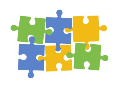 Düz vektör simgesinde altı parçalı bulmacanın modası ve rengi, bağlantıyı ve takım çalışmasını sembolize ediyor