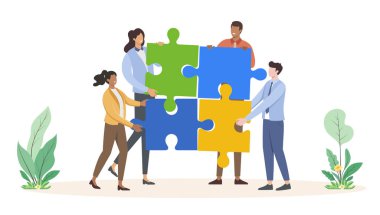 Yapboz elementlerini birleştiren iş adamları düz tasarımda vektör illüstrasyonunu. Takım çalışması, işbirliği, ortaklık sembolü.