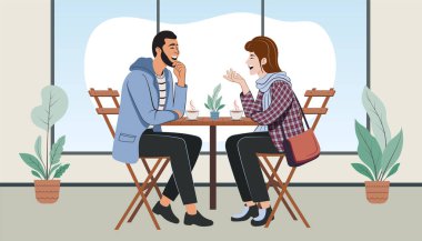 Konforlu bir kafede kahvenin tadını çıkarırken sohbet ve kahkaha atma, Vektör İllüstrasyonu konsepti