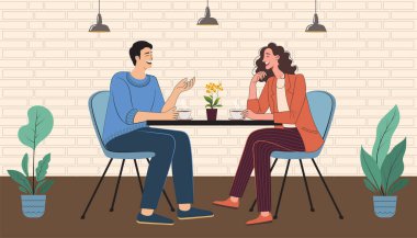 Cozy Kafe Masası 'nda gülen ve sohbet eden iki arkadaşın vektör çizimi