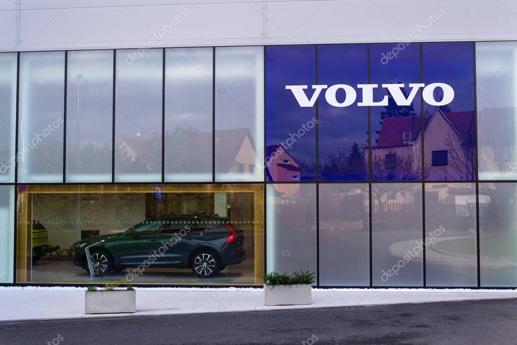 Volvo cars Swedish company logo owned by Chinese Geely Holding on dealership building on November 28, 2024 in Prague, Czech Republic.