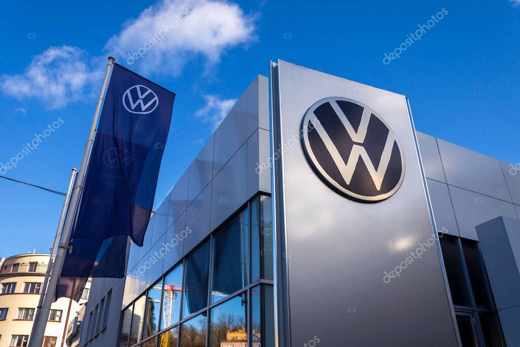 New Volkswagen company logo on dealership building on November 28, 2024 in Prague, Czech Republic.