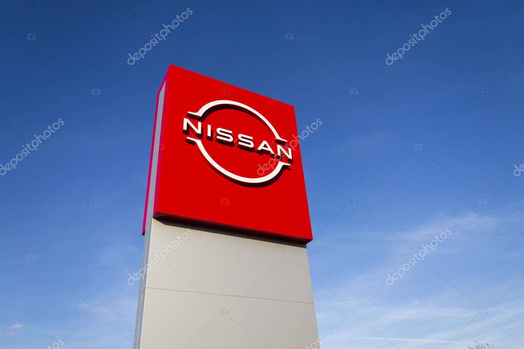 Nissan motor company logo on dealership building on April 12, 2025 in Prague, Czech republic.