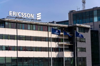Ericsson çok uluslu ağ ve telekomünikasyon şirketi logosu 13 Mayıs 2025 'te İsveç' in Göteborg şehrinde..