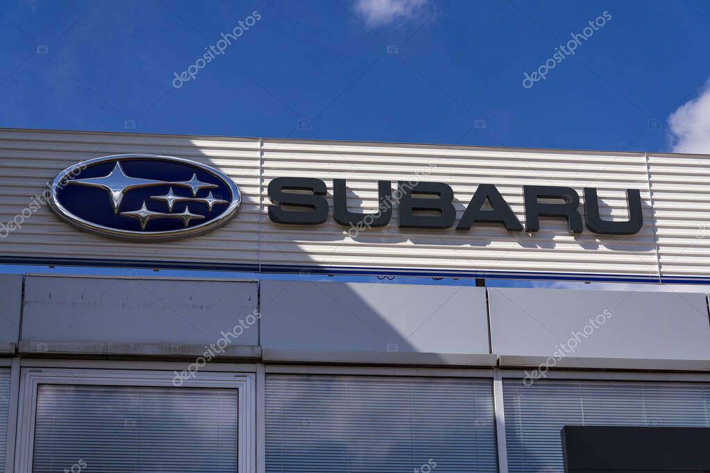 Subaru company logo in front of dealership building on May 29, 2025 in Prague, Czech republic.