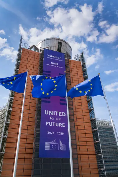 20 Mayıs 2025 'te Belçika' nın Brrussels kentinde Avrupa Komisyonu genel merkezinin önünde AB bayraklarını sallayan.