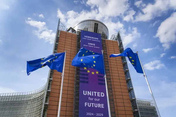 20 Mayıs 2025 'te Belçika' nın Brrussels kentinde Avrupa Komisyonu genel merkezinin önünde AB bayraklarını sallayan.