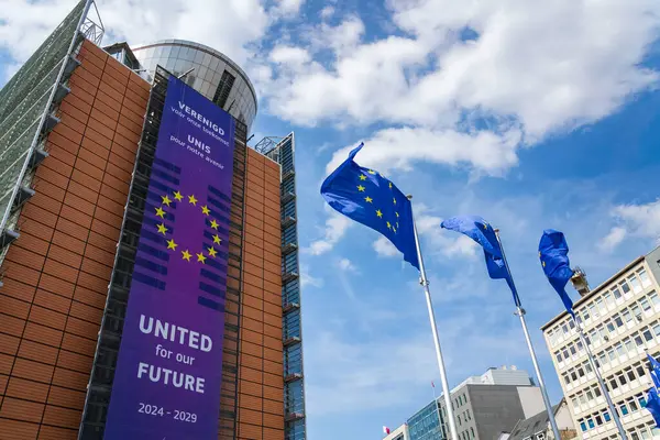 20 Mayıs 2025 'te Belçika' nın Brrussels kentinde Avrupa Komisyonu genel merkezinin önünde AB bayraklarını sallayan.