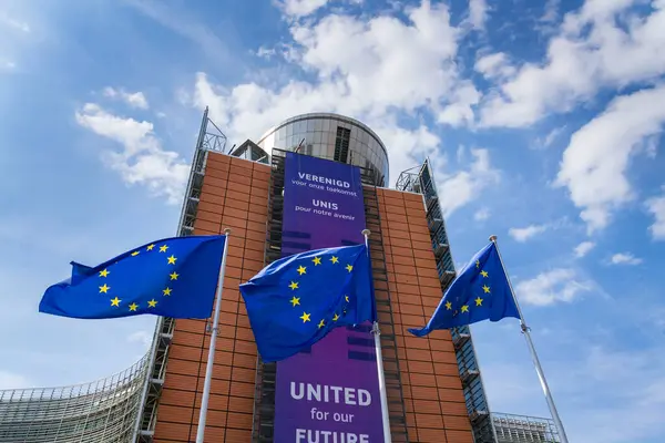 20 Mayıs 2025 'te Belçika' nın Brrussels kentinde Avrupa Komisyonu genel merkezinin önünde AB bayraklarını sallayan.