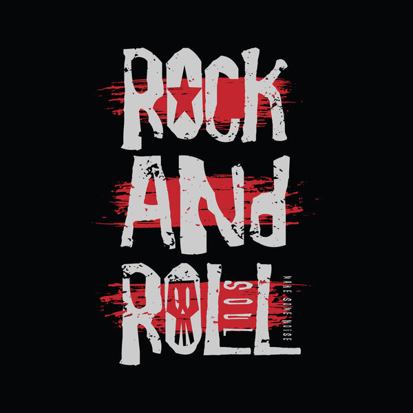 rock and roll music. Vintage design. Grunge background. Skull typography, t-shirt graphics, print, poster, banner, flyer, postcard