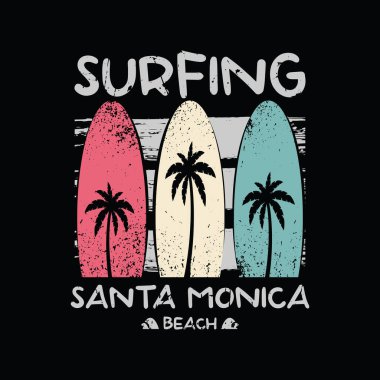 Kaliforniya 'da sörf ve Santa Monica Sahili' nde sörf. tipografi, tişört grafikleri, baskı, poster, afiş, broşür, kartpostal