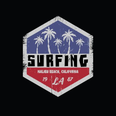 California, Malibu 'da sörf ve sörf. Klasik tasarım. Tipografi, tişört grafikleri, poster, afiş, broşür, kartpostal