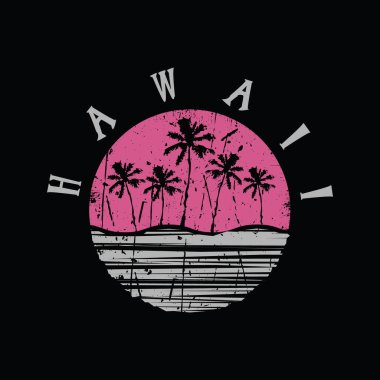 Hawaii 'de sörf illüstrasyonu. Grunge 'un geçmişi. Klasik tasarım. Pul tipografisi, tişört grafikleri, baskı, poster, afiş, broşür, kartpostal