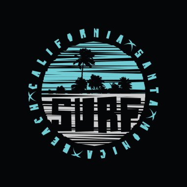Kaliforniya 'da sörf, Santa Monica plajı. Klasik tasarım. Spor tipografisi, tişört grafikleri, baskı, poster, afiş, broşür, kartpostal