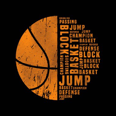 Basketbol temasının vektör illüstrasyonu. Tişört grafikleri, poster, afiş, broşür, baskı ve kartpostal