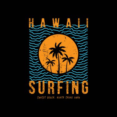 Hawaii sörfü temasının vektör illüstrasyonu. Tişört grafikleri, poster, afiş, broşür, baskı ve kartpostal