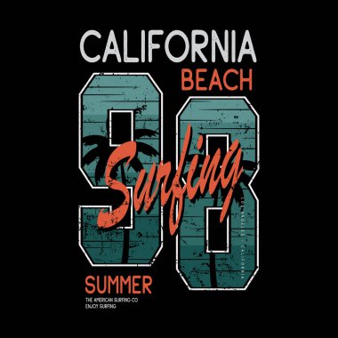 Kaliforniya sörf temasının vektör illüstrasyonu. Tişört grafikleri, poster, afiş, broşür, baskı ve kartpostal