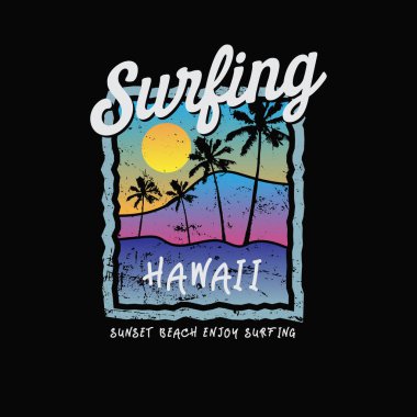 Tişört, poster, logo, çıkartma veya giyim ürünleri için Hawaii Illustration tipografisi sörfü