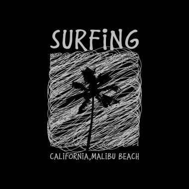 Kaliforniya sörf stili tişört ve kıyafet soyut tasarımı. Vektör baskısı, tipografi, poster