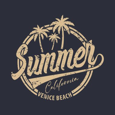 Yaz Kaliforniya stil tişörtü ve kıyafet soyut tasarımı. Vektör baskısı, tipografi, poster
