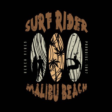 Tişört, poster, logo, çıkartma ya da giyim ürünleri için sörfçü Malibu Beach Illustration tipografisi