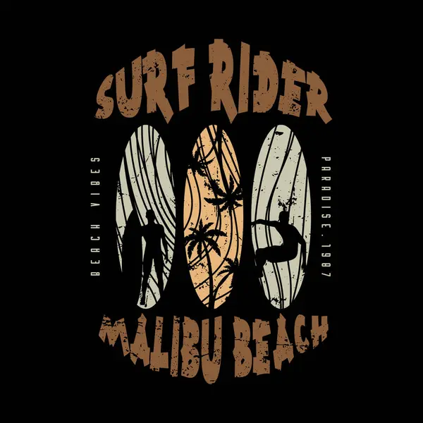 Tişört, poster, logo, çıkartma ya da giyim ürünleri için sörfçü Malibu Beach Illustration tipografisi