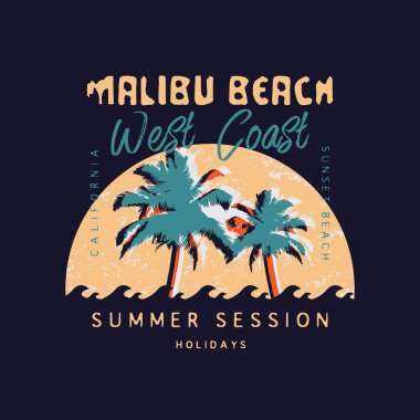 Malibu California Sahili çizim tipografisi. Gömlek tasarımı için mükemmel.