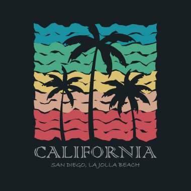 California sörfü plaj stili tişört ve kıyafet soyut tasarımı. Vektör baskısı, tipografi, poster