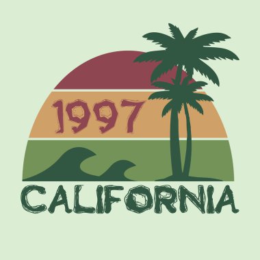 Tişört, poster, logo, çıkartma ya da giyim ürünleri için Kaliforniya plaj illüstrasyonu tipografisi