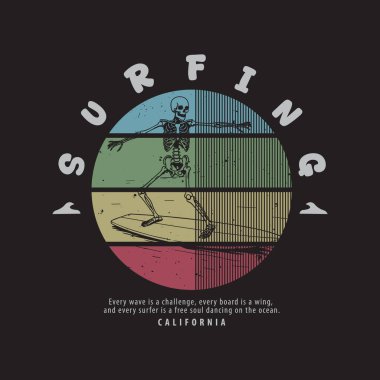 Kaliforniya sörf stili tişört ve kıyafet soyut tasarımı. Vektör baskısı, tipografi, poster. 