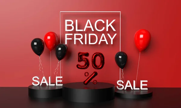 Red orange pink color background wallpaper podium black balloon hilum text font 50% fifty percent special offer sale discount marketing price black friday november shopping online concept
