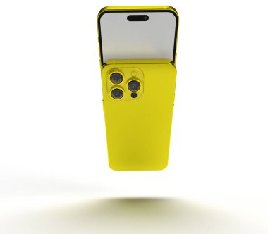 Iphone 14 pro maksimum 14 yeni set koleksiyonu sarı renk yazı tipi arka görünüm nesne beyaz izole edilmiş dokunmatik ekran aygıtı 120 hz elektronik kamera akıllı telefon işi 