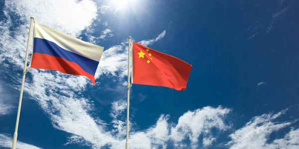 Россия Китай Флаг Страны Международного Национального Голубого Неба Облачно Белый — стоковое фото
