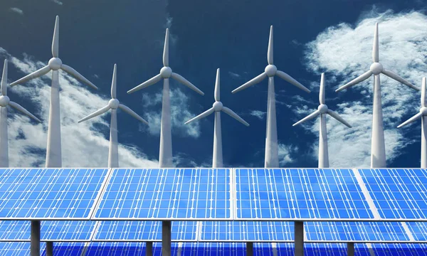 Molino Viento Panel Turbina Energía Célula Solar Electricidad Energía Renovable — Foto de Stock