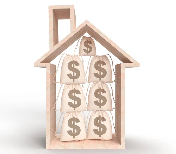 Haus Hölzerne Tasche Uns Dollar Währung Geld Symbol Unterzeichnen Immobilien — Stockfoto