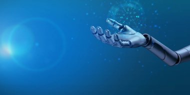 El parmağı yarı insan robot ai yapay zeka makinesi dijital gelecekteki yenilik iş elementi bilim siber uzay mavi arka plan kopyalama uzay veri otomasyon sistemi endüstrisi
