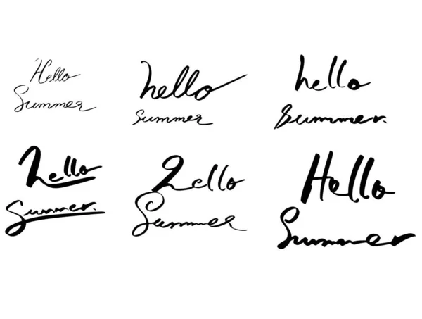 こんにちは夏フォント書道イラストベクトルデザインレタリングタイポグラフィシンボル装飾休暇シーズンこんにちは夏のビーチ手書きの幸せな描画ホットレトロロゴ海パーティー — ストックベクタ