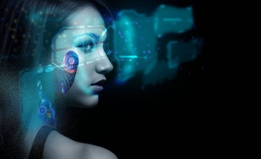 Kadın kadın insan gözüyle mavi teknoloji elementi fütürist robot ai yapay zeka makinesi insan siber uzay fotokopi uzayı dokunmatik ekran bilim dünyası hologramı güvenlik taraması    