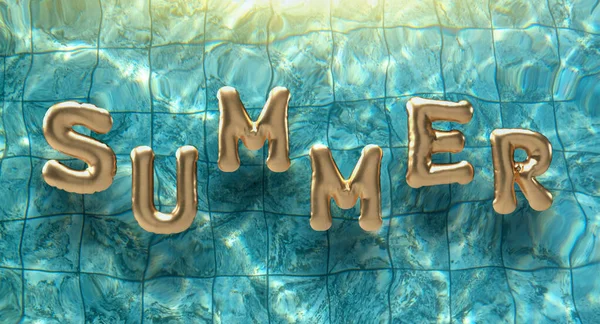 夏のフォントバルーンテキスト黄金のオレンジの色のレタリング書道単語フレアスイミングプール青緑の色の水は 液体のシンボルを振って夏の時間ウェット職業休日のライフスタイルホテルリップル — ストック写真