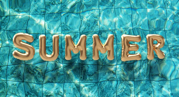 夏のテキストフォントバルーンゴールデンイエローグラデーションカラーシンボルサイン装飾夏の季節の時間水波海の液体旅行観光旅行ビーチライフスタイルオブジェクトクリーン背景壁紙 — ストック写真
