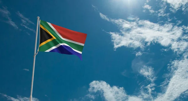 Sudafrica Bandiera Sventolando Modello Astratto Blu Cielo Sfondo Carta Parati — Foto Stock